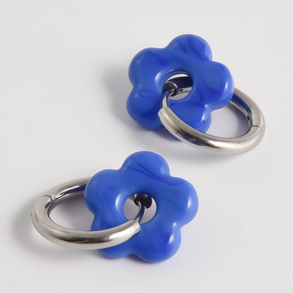 Colorful Flower Glass Drop Charms Earring Gold Color Circle Ear Buckle Hoops Stainless Steel Earrings Fashion Jewelry for Women