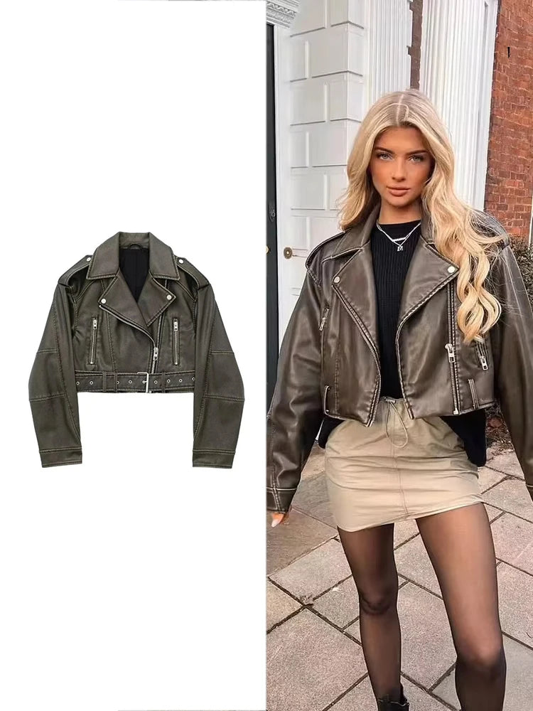 TRAF Damen Vintage lose Lederjacke Gürtel Schulter Abzeichen Zip Revers Jacke Handsome Washed Leder Motorrad Kleidung.