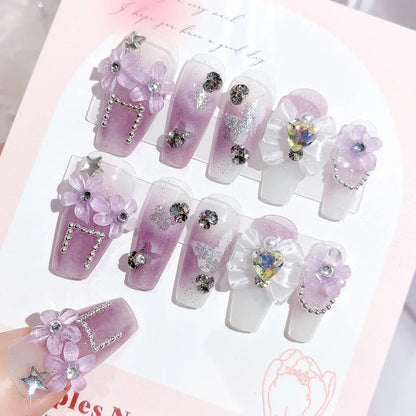 24Pcs 3D kuromi press on nails Y2K Cartoon Handmade Fake Nails Black Gel nail Wearable Nails Cinnamoroll Melody Anime False Nail