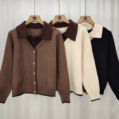 Gestrickte Frauen Top Lange Ärmeln Faux Zwei-Stück Pullover Frühling Herbst drehen-unten Kragen Modische Stilvolle Pullover Basis schicht Top.