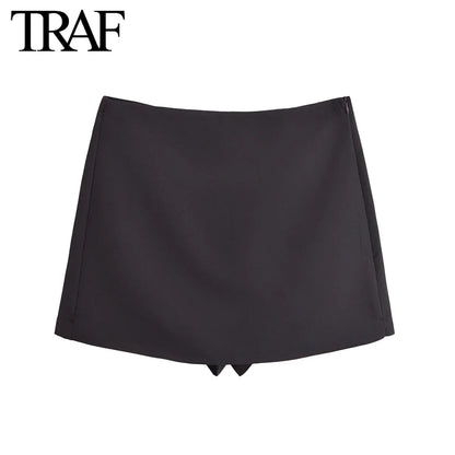 TRAF Shorts for Women Fashion Autumn Winter New Comfortable Casual Solid Color Side Zip Middle-waisted A-line Culotte Skirt Pant.