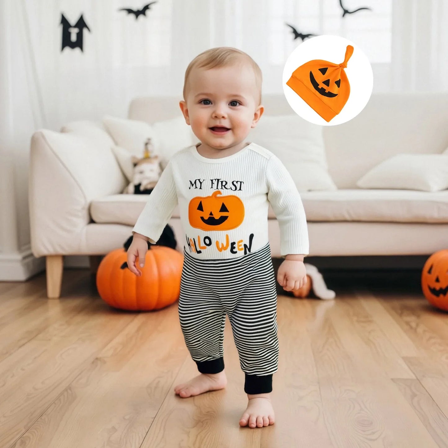 Baby Mädchen Halloween Baumwolle 3-teiliges Set 0-18 Monate Kleinkind Jungen Langarm Kürbis Print Onesie + Gestreifte Hose + Hut Festliches Outfit.