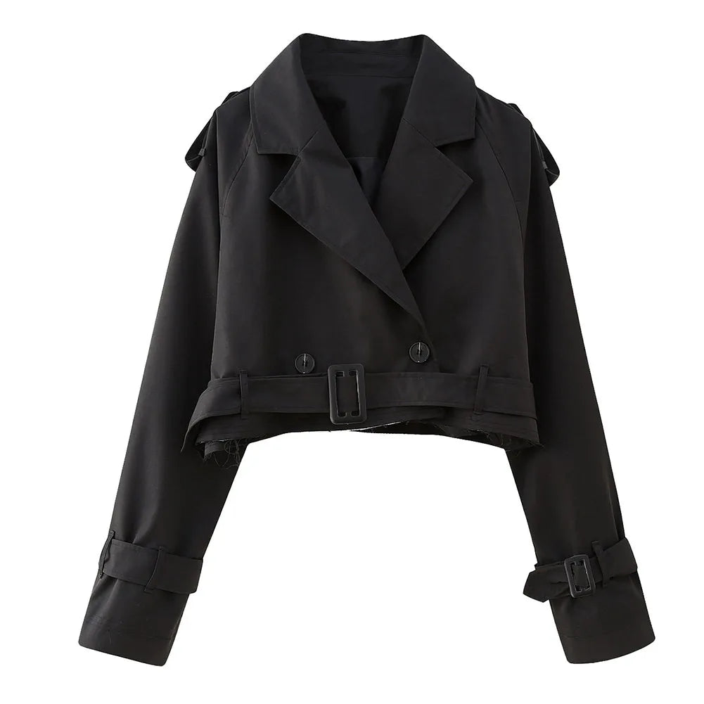 Frauen kurze Blazer Jacken Herbst elegante Vintage einfarbige Langarm Zweireiher Trenchcoat mit Gürtel.