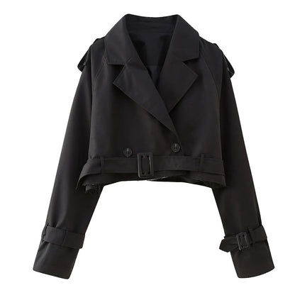 Frauen kurze Blazer Jacken Herbst elegante Vintage einfarbige Langarm Zweireiher Trenchcoat mit Gürtel.