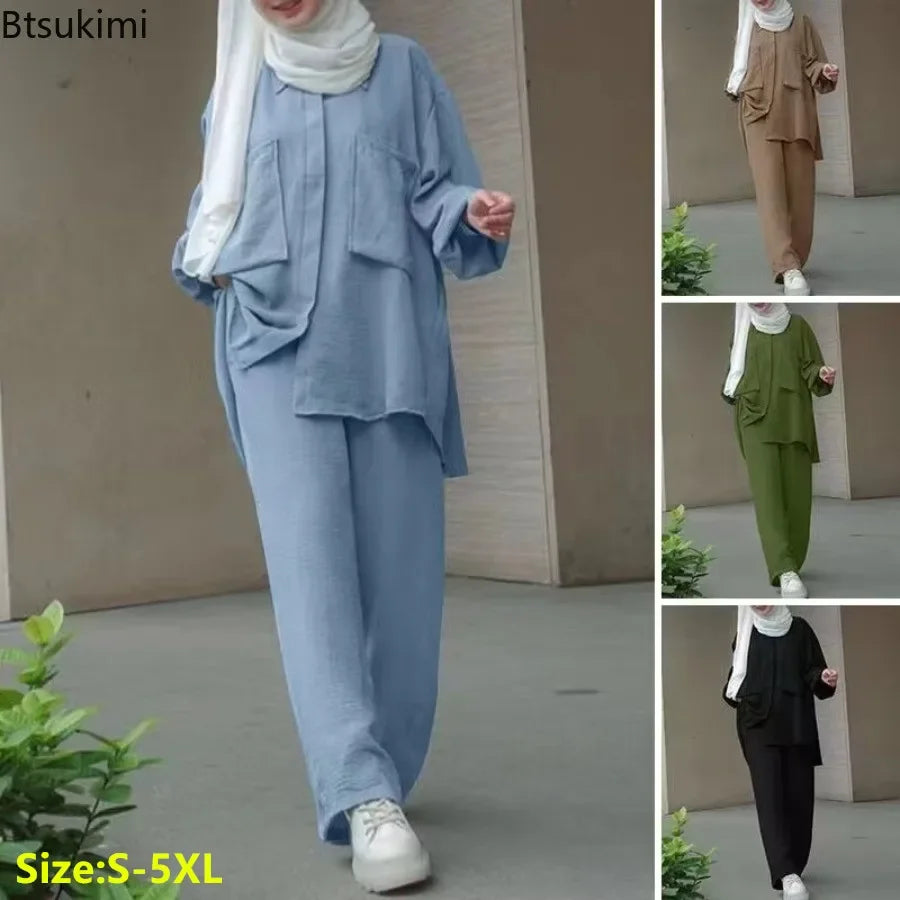 Frauen Casual Muslimischen Anzug Solide Abaya Eid Ramadan Langarm Bluse + Hosen 2-teiliges Set Dubai Türkei Kaftan Frauen islamische Kleidung.