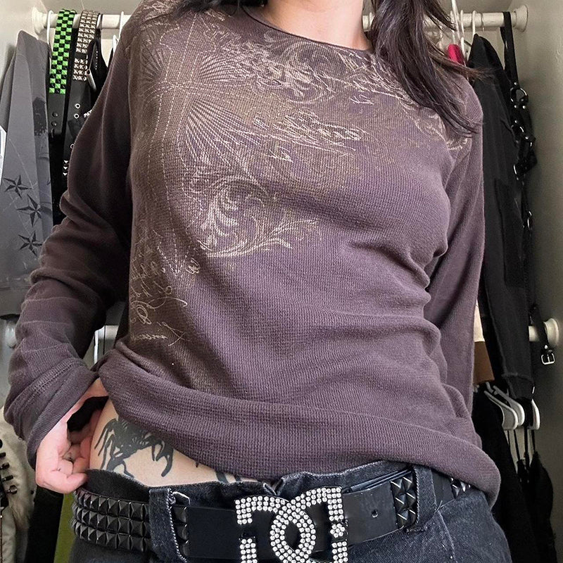 2000s Aesthetic Mall Goth Tees Y2K Cyber Grunge Emo Cross Print T-shirt 90s Vintage Women Autumn Long Sleeve Pullovers Tops.