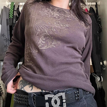 2000s Aesthetic Mall Goth Tees Y2K Cyber Grunge Emo Cross Print T-shirt 90s Vintage Women Autumn Long Sleeve Pullovers Tops.