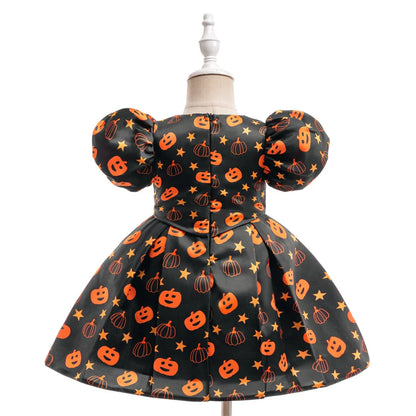 Kleinkind Halloween Kostüm Mädchen Cosplay Hexe Kürbis Skelett Druck Bowknot Kleid Kinder Festival Party Performance Kleidung