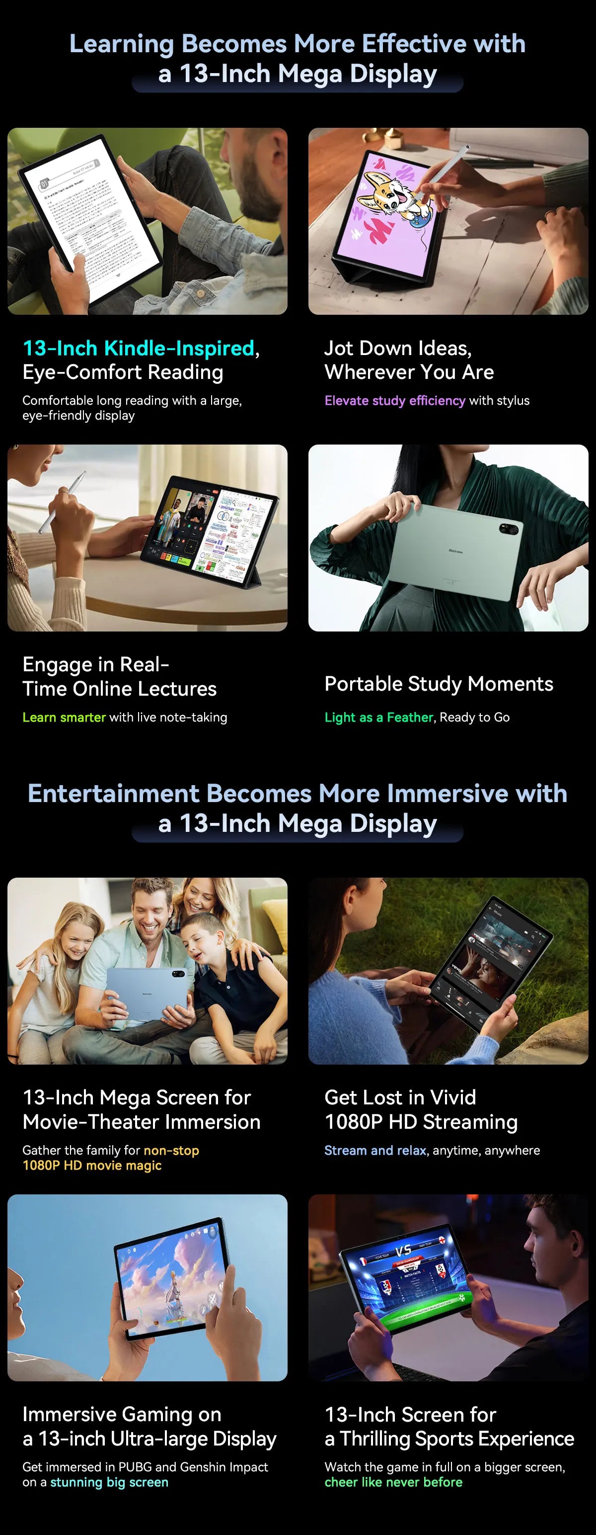 Blackview MEGA 8 Tablet 13‘’ 2K FHD Display, Octa Core T620 Android 15, 12GB RAM, 512GB ROM, 50MP + 13MP Camera, 11000 mAh