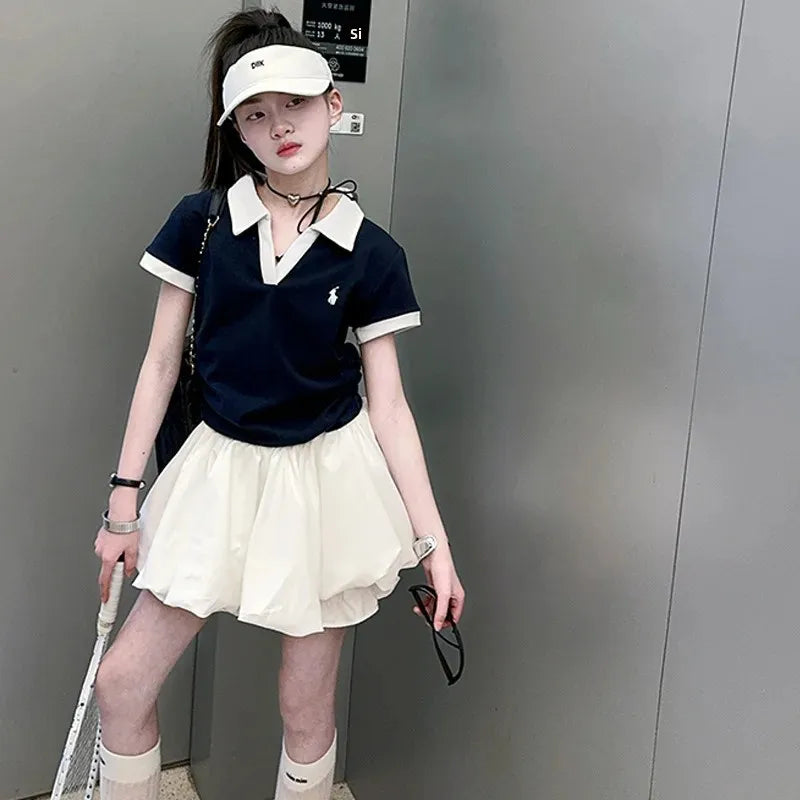 Girls Summer New Fashion Korean Style School Sports Short Sleeve T-Shirt And Bloomers Two-Piece Set White Floral Print Outfit.