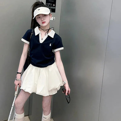 Girls Summer New Fashion Korean Style School Sports Short Sleeve T-Shirt And Bloomers Two-Piece Set White Floral Print Outfit.