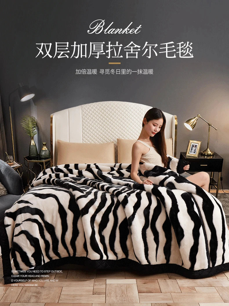 Nordic Style Zebra Print Coral Fleece Blanket Thickened Raschel Autumn Winter Blankets Double Layer Multi Purpose Plush Quilt.