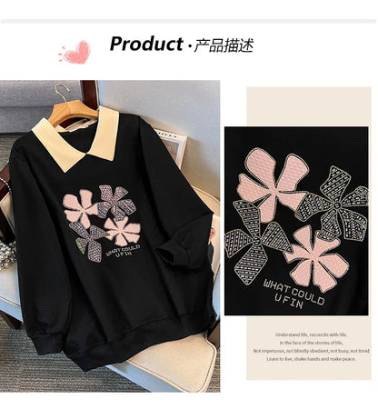 170 kg Plus Size Damen-Büste 170 Frühling Herbst Loose Diamond Collared Sweatshirt Schwarz 4XL 5XL 6XL 7XL 8XL 9XL.