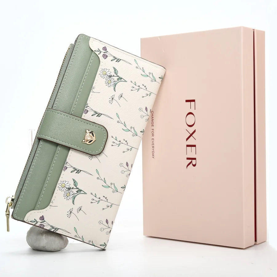 FOXER New Women's Long Wallet Fashion Multi-card Clutch Slot Card Holder Signature Versatile PU Floral Wallet Zipper Coin Purse