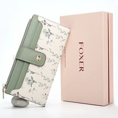 FOXER New Women's Long Wallet Fashion Multi-card Clutch Slot Card Holder Signature Versatile PU Floral Wallet Zipper Coin Purse