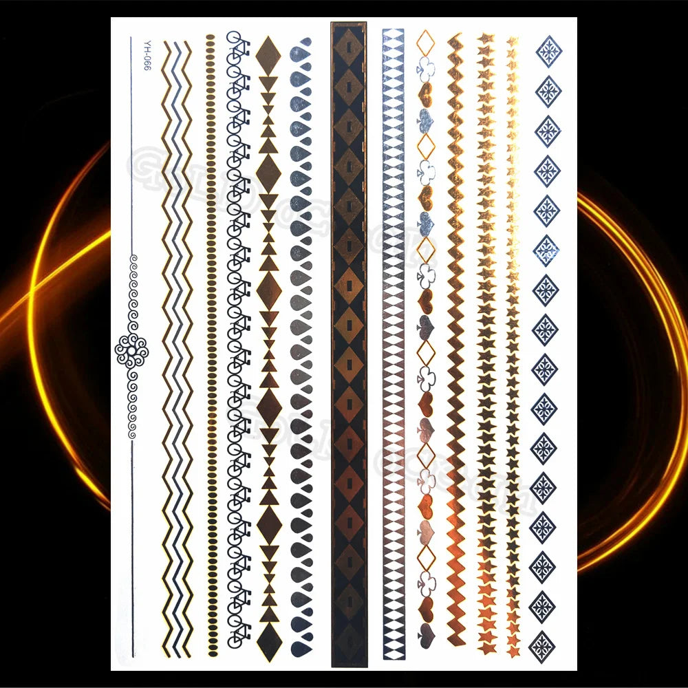 1PC Summer Style Men Women Body Art Gold Metallic Tattoo Sticker HYS-101 Chain Bracelet Fake Jewelry Waterproof Temporary Tattoo.