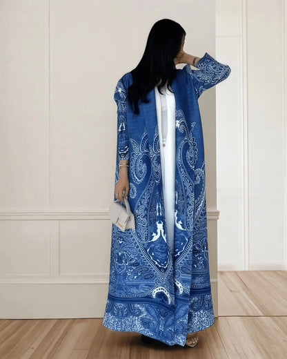 Langer Herbstmantel für Damen, Retro-bedruckt, langärmelig, muslimisches Abaya, Saudi-Mode, faltiger Taillengürtel