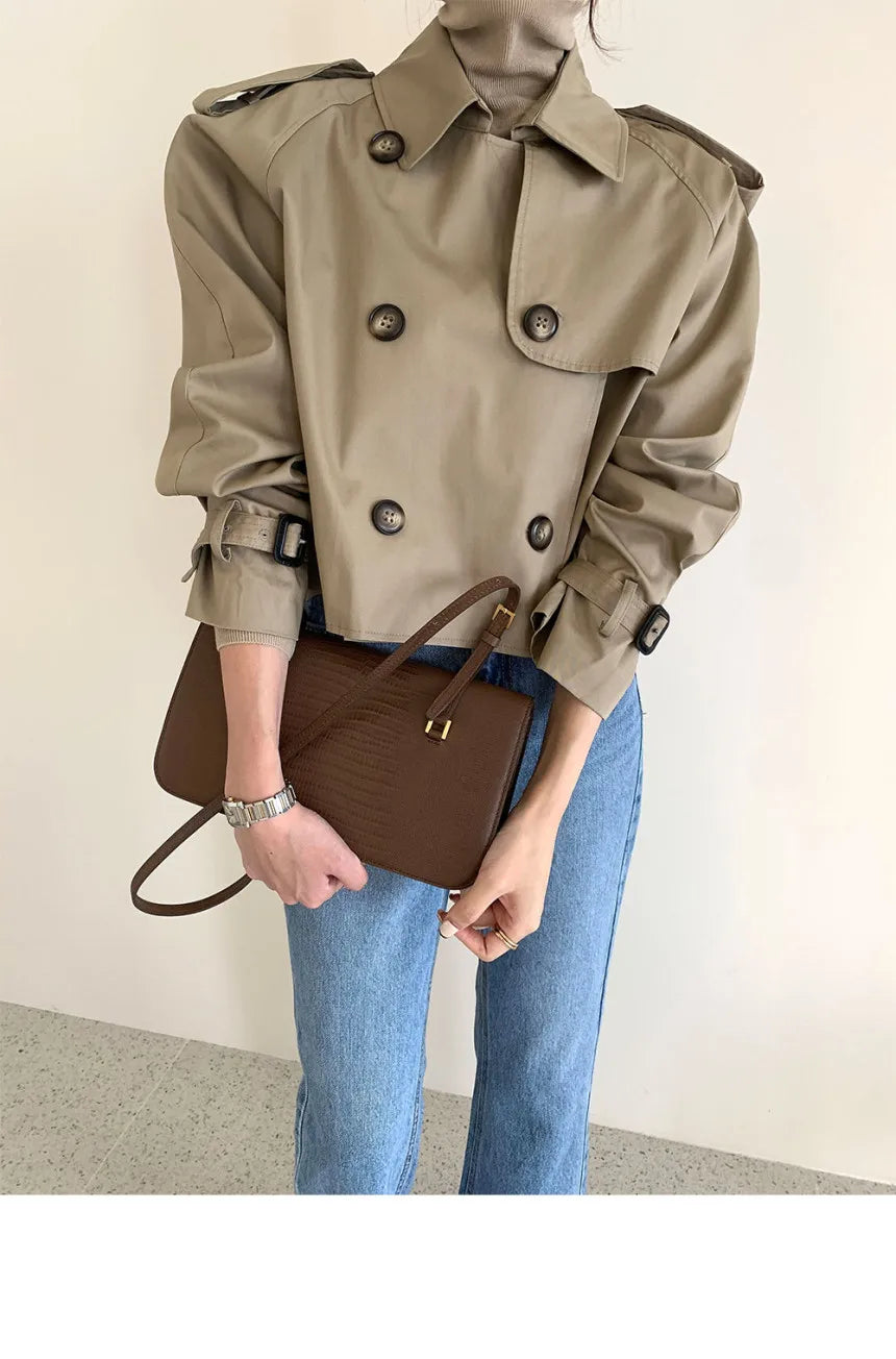 Vintage Zweireiher Graben Jacken Frauen Lose Chic Büro Dame Crop Tops Herbst Weibliche Mäntel Alle-spiel Lose Windjacke.