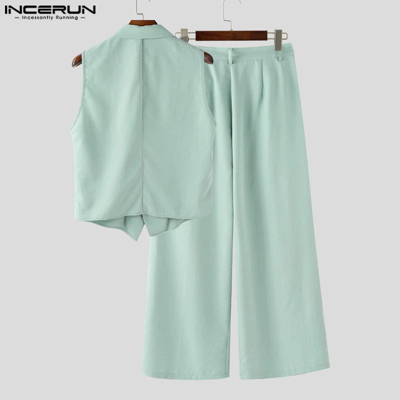 INCERUN Summer Men's Sets Solid Color Sleeveless Tops Tee Buttons Summer Long Pants Male Two-piece Suits Streetwear 2PCS S-5XL.