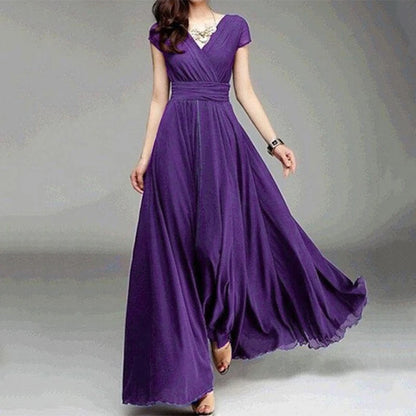 Boho Stil V-ausschnitt Kurzarm Chiffon Kleid Frauen Einfache Feste Hohe Taille Lange Robe Elegante Temperament Abend Party Kleid Neue.