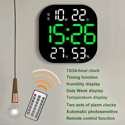 13 Zoll LED große digitale Wanduhr mit Fernbedienung TEMP Luftfeuchtigkeit Woche Auto Dimmer 12/24H Wecker für Home Office Dekor