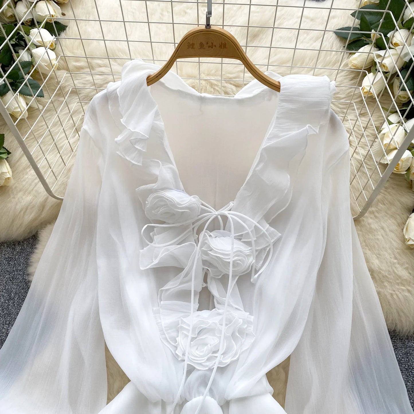 SINGREINY 3D Floral Strand Kurzes Kleid Weibliche Lange Ärmel Spitze Up Rüschen Chiffon Kuchen Sommerkleid Sheer Sexy Vintage Bohemian Kleid