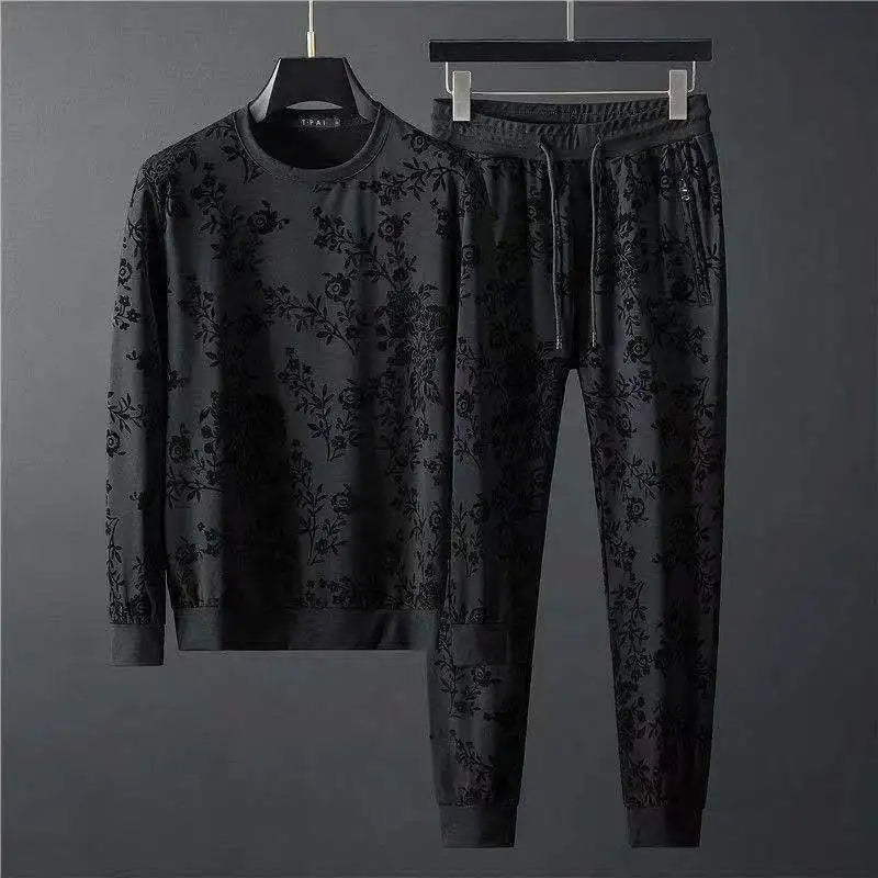 Spring Summer New Men Suits Simple Jacquard O-Neck Long Sleeve Thin T-shirts And Pants Two piece Set For Men's Trendy Outfits.