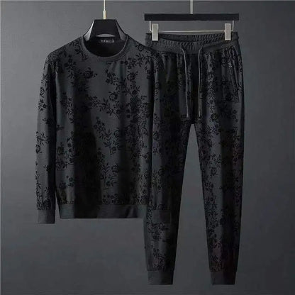 Spring Summer New Men Suits Simple Jacquard O-Neck Long Sleeve Thin T-shirts And Pants Two piece Set For Men's Trendy Outfits.