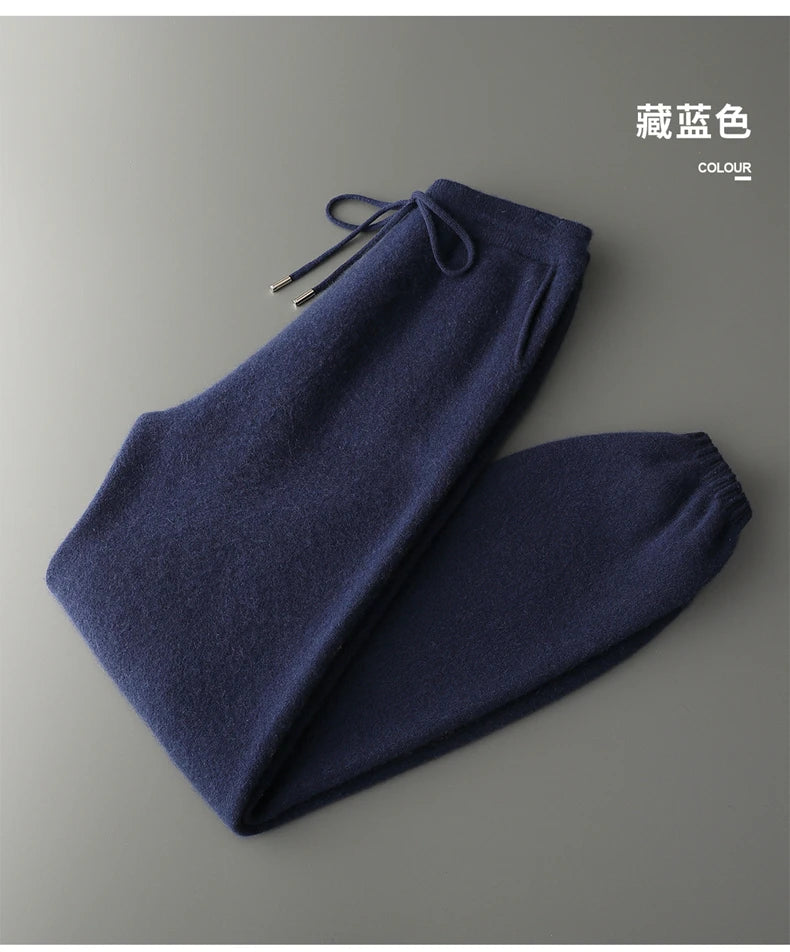 Autumn Winter New Thickened 100% Pure Cashmere Pants for Men High Waist Knitted Jogger Pants Solid Color Versatile Harem Pants