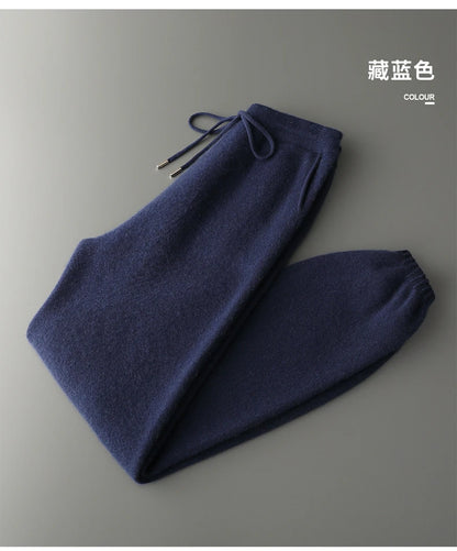 Autumn Winter New Thickened 100% Pure Cashmere Pants for Men High Waist Knitted Jogger Pants Solid Color Versatile Harem Pants