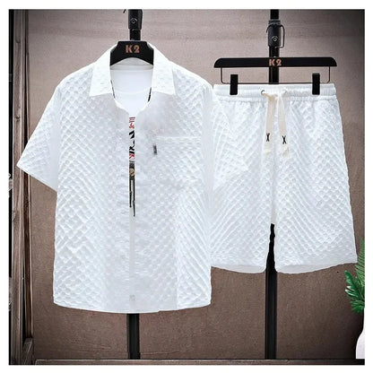 Casual Thin Sports Two-piece Set 2024 Summer Ice Silk Suit Men's Trendy Short Sleeve T-shirt Shorts One Set.