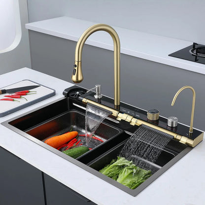 Golden Household Stainless Steel Waterfall Kitchen Sink MultiFunction Wash Vegetable and Dish Countertop Basin Large Single Slot