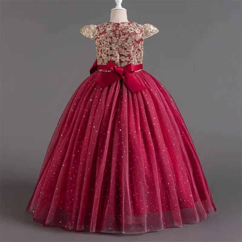 Mädchen Abschlussfeier Bankett Stickerei Paillettenkleid Hochzeitskleid Party Blumenkind Performance und bodenlanges Kleid