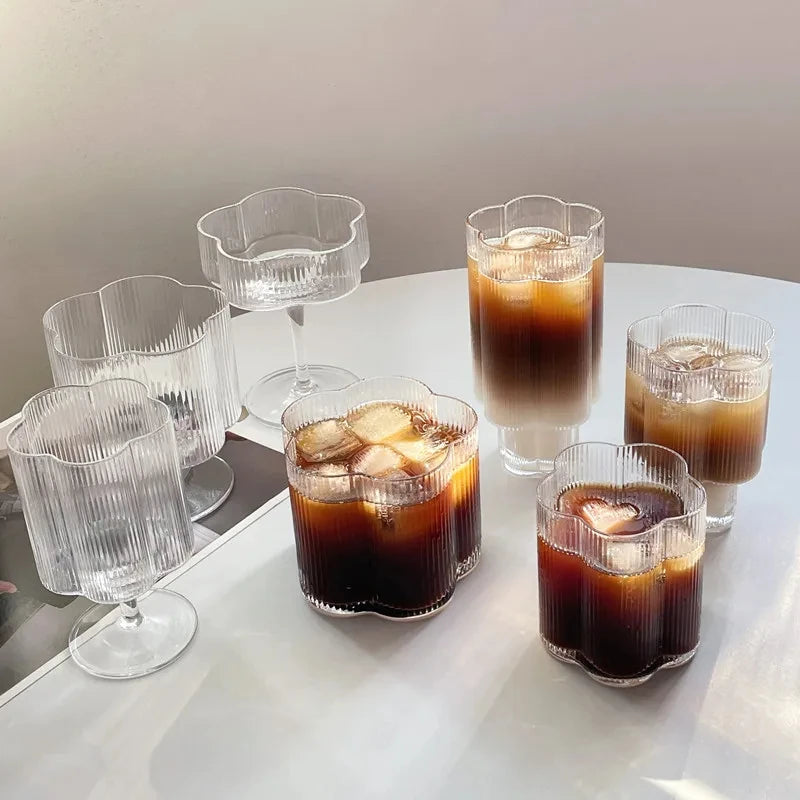 Clear Ice Cream Glass Whiskey Red Wine Glass Cup Flower Stripe Glass Mug Vintage Iced American Coffee Mug Home Stacked Cup.