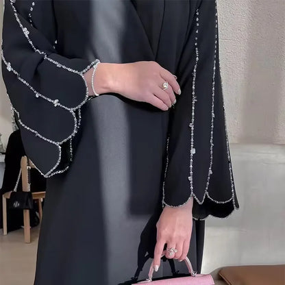 Middle Eastern Modest Dress with Pearl Sleeve for Muslim Women Ramadan Dubai Black Abaya Islam Party Jalabiya Outfit Turkey Robe.