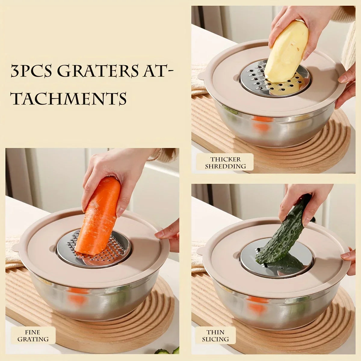 Stainless Steel Mixing Bowl Set with Lid Grinder Storage Multifunctional Kitchen Tool Set.