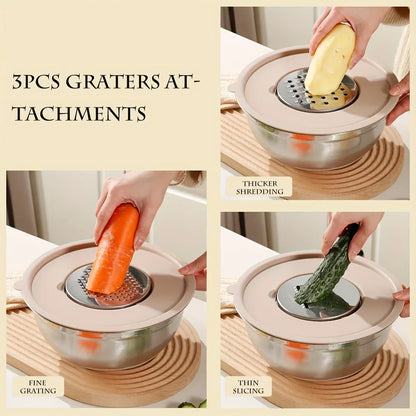 Stainless Steel Mixing Bowl Set with Lid Grinder Storage Multifunctional Kitchen Tool Set.