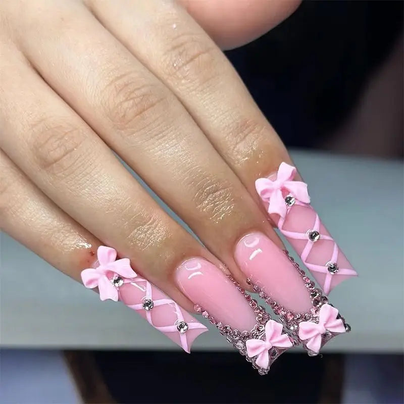 24Pcs Ballet Square Pink Press on Bow Nails 3D Flower with Bandage Design French Nail Tips for Women&Girls Daily,Spring wear