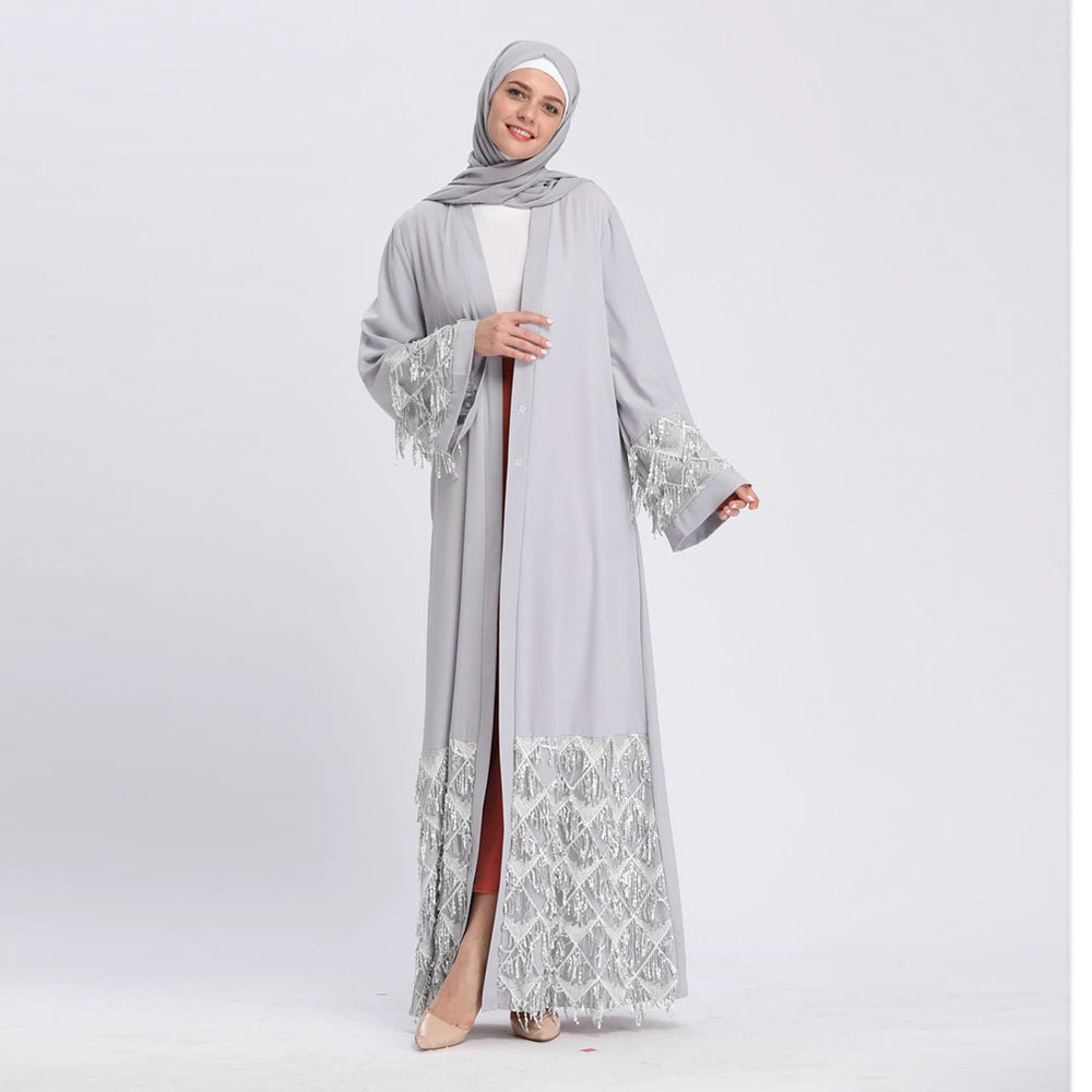 Ramadan Eid Gray Kimono Abaya Damen Dubai Islam Women Muslim Modest Dresses Kebaya Kaftan Robe Musulmane Caftan Marocain Femme.
