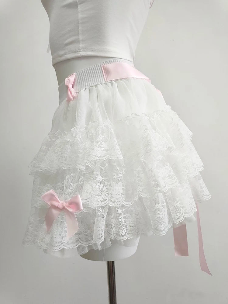 Multilayered Lace Skirts for Sweet Girls Summer Ribbons Bows Decoration Elastic Waist Lolita Style White Skirt Kawaii Clothes.