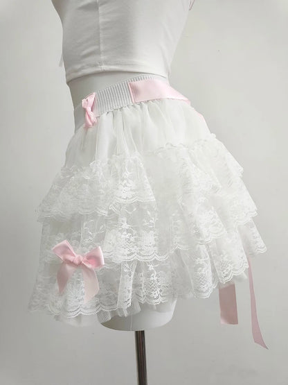 Multilayered Lace Skirts for Sweet Girls Summer Ribbons Bows Decoration Elastic Waist Lolita Style White Skirt Kawaii Clothes.