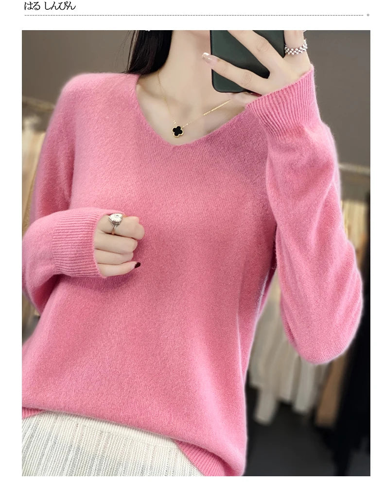Women 100% Merino Wool Sweater V-Neck Basic Pullover Autumn Winter Cashmere Clothing Long Sleeve Soft Knitwear Tops Solid Color.