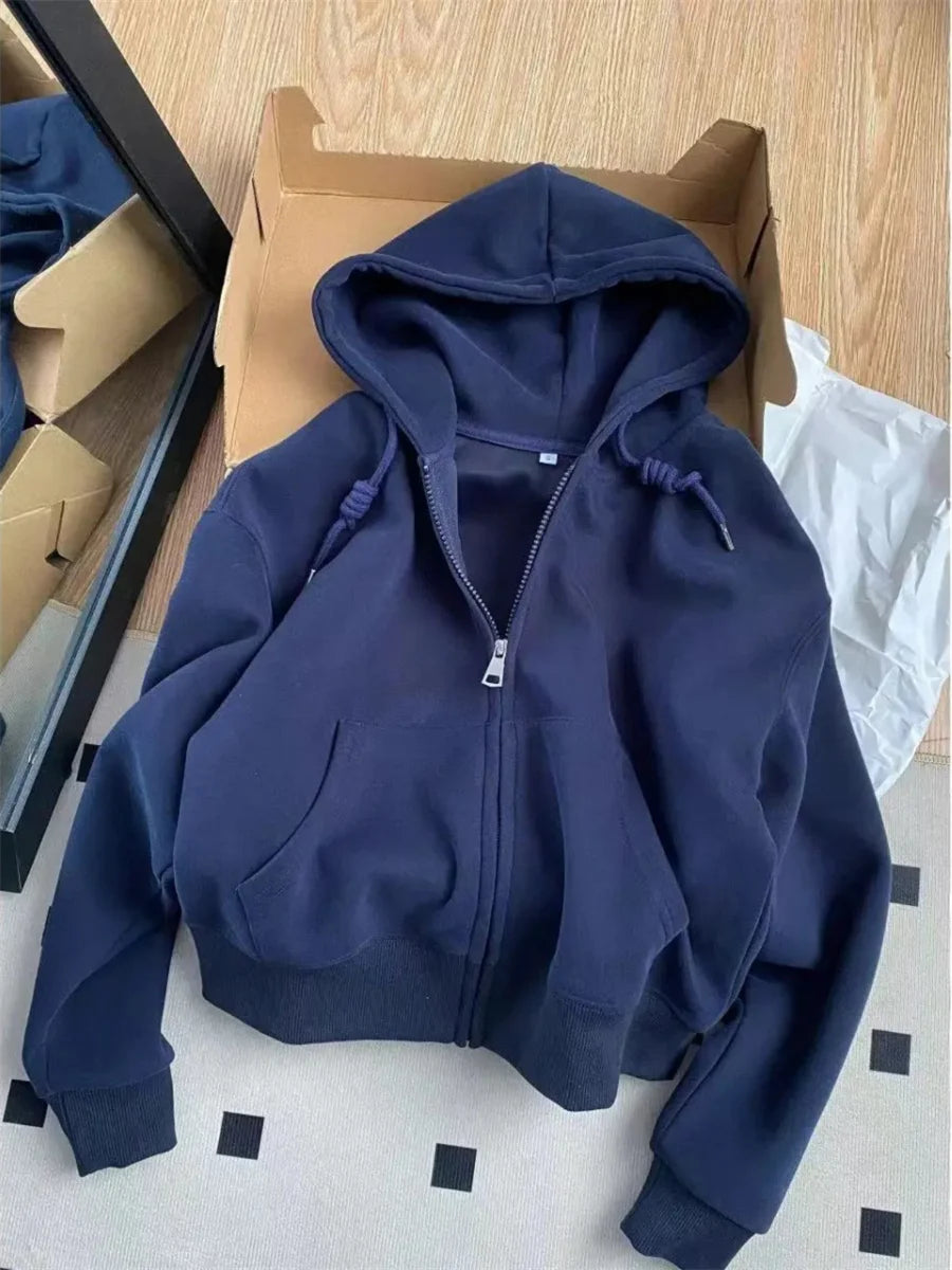 Frühherbstliche, schicke, lässige Kapuzenjacke, schmale Passform, langärmeliges, kurzes Oberteil, warme Strickjacke mit Reißverschluss, koreanischer Stil, Kapuzenpullover.