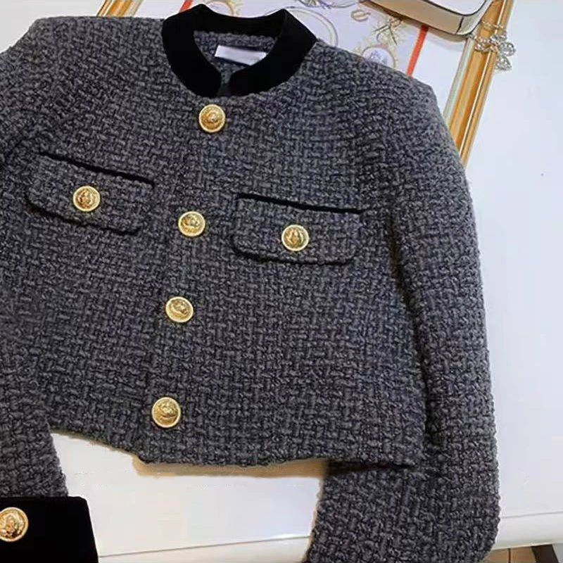 Mode Nähen Tweed Kurze Jacke Frauen Herbst Winter Elegante Büro Dame Mantel Y2K Koreanische O Neck Einreiher Crop Outwear.