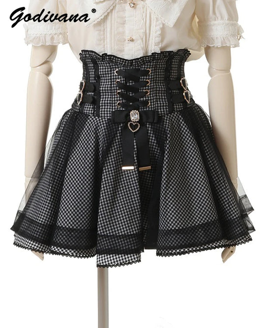 Japanese Liz New Summer Lace Edge Leather Ring High Waist Pleated Skirt Ribbon Bow All-match Short Skirts Big Bow Lolita Blouses.