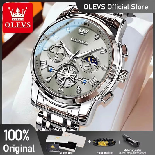 OLEVS Men's Watches Classic Multifunctional Fltwheel Chronograph Original Quartz Wristwatch Moon Phase 24 Hour Waterproof reloj.
