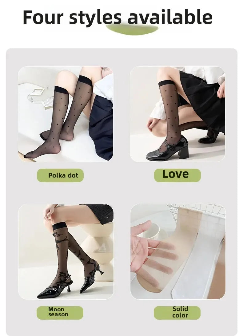 Women's Mid-calf Thin Transparent Stockings Summer Leggings Pure Desire Style Black White Color Half-Transparent Long Tube Socks.