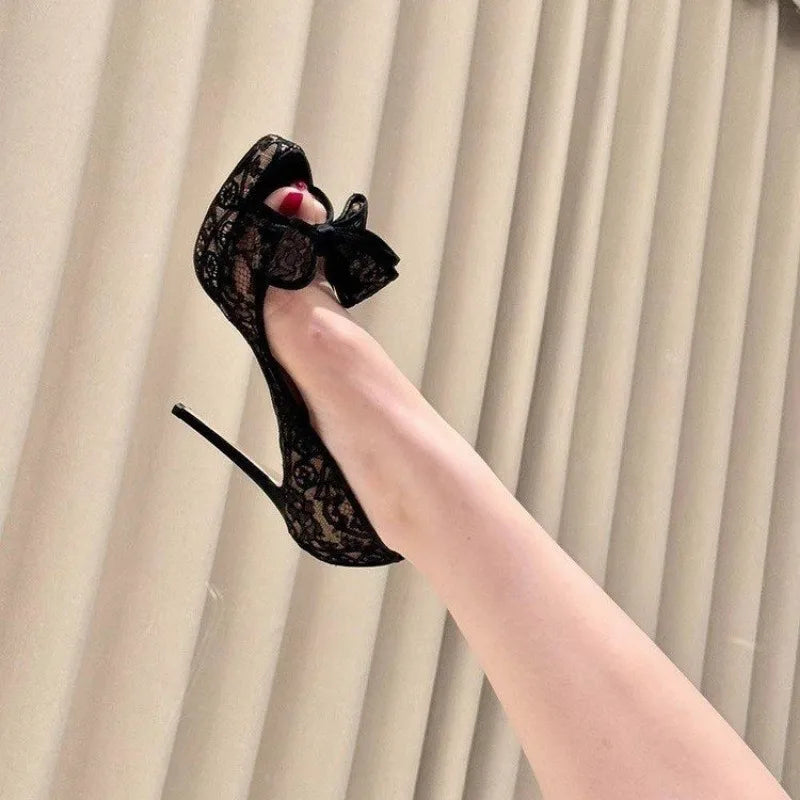 Black Lace Double Bow Peep Toe High Heels Women Sexy Round Toe Platform Stiletto Heel Slip On Party Dress Wedding Shoes.