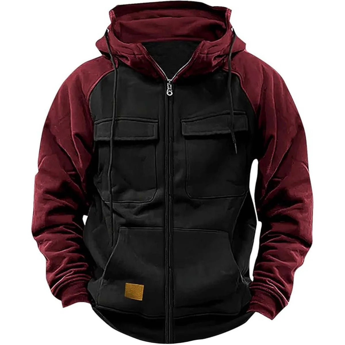 Men's Hooded Sweatshirt Zipper Patchwork Fleece Jacket Warm Sporty Autumn Winter with Multiple Pockets Fashionable Hood.