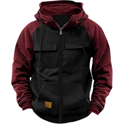 Men's Hooded Sweatshirt Zipper Patchwork Fleece Jacket Warm Sporty Autumn Winter with Multiple Pockets Fashionable Hood.